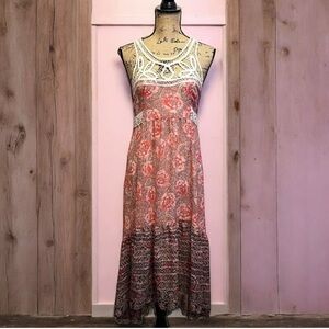 Free People Pink Floral Hi Low Hem Sleeveless Open Lace Neckline Midi Dress
